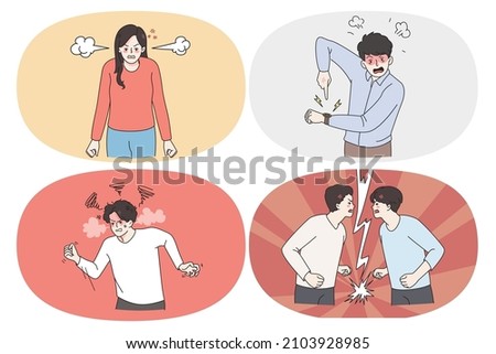 Anger rage and furious emotions concept. Set of men and women feeling furious and aggressive pointing at watch showing fists and having scandal with friend vector illustration 