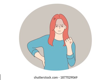 Anger, rage, furious woman concept. Young angry furious female cartoon character standing and showing fist during scandal or fighting with somebody vector illustration