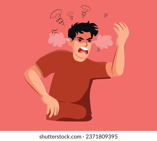 Anger rage and negative emotions concept. Young man standing with strong fists feeling furious aggressive and angry vector illustration.