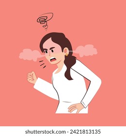 Anger rage and negative emotions concept. Young woman standing with strong fists feeling furious aggressive and angry vector illustration 