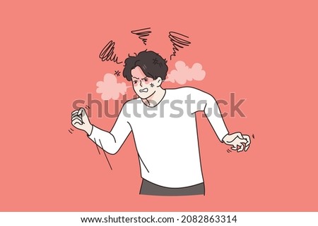 Anger rage and negative emotions concept. Young man standing with strong fists feeling furious aggressive and angry vector illustration 