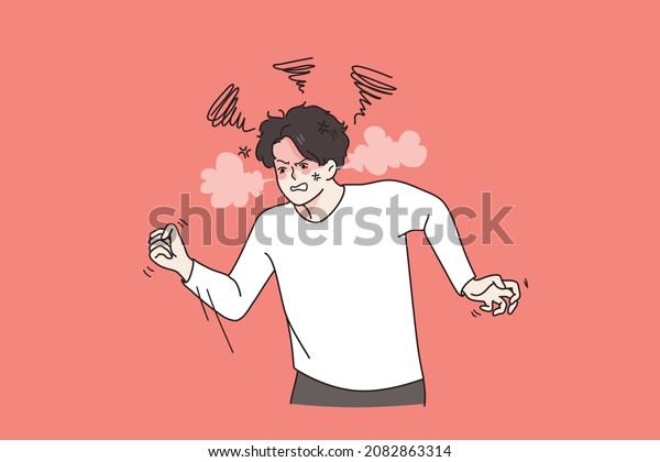 Anger rage and negative emotions concept. Young man\
standing with strong fists feeling furious aggressive and angry\
vector illustration 