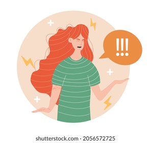 Anger, rage, screaming. Girl screams, displeasure. Difficult situation, failure, hard life period. Concept of negative emotions. Cartoon flat vector illustration isolated on white background