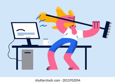 Anger, rage and stress at work concept. Furious angry woman office worker destroying her personal computer by hammer feeling negative stressed vector illustration.