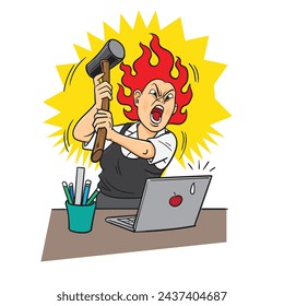 Anger, rage and stress at work concept. Furious angry woman office worker destroying her laptop. by hammer feeling negative stressed vector illustration.