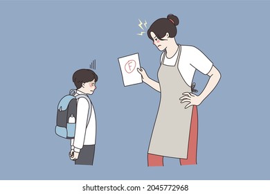 Anger and relations between parent and child concept. Angry woman mother standing looking at her son feeling furious because his bad mark test at school vector illustration 