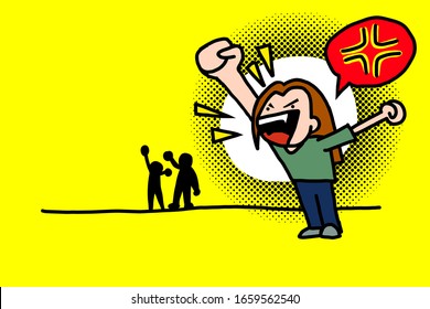 Anger shout with angry symbol bubble as speech. hand draw cartoon or comic with yellow background. Layers vector illustration