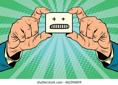 anger Smiley face in hands, pop art retro vector illustration