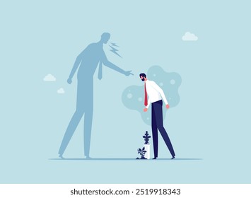 Anger or stress psychology concept, self criticism, negative critic thinking to blame yourself, guilt or depression to rant or inner anxiety, depressed businessman self shadow blame with megaphone