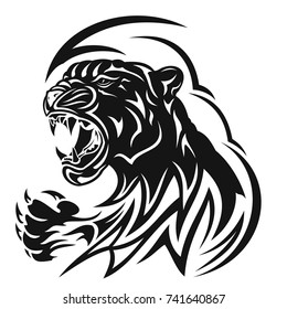 Anger of a tiger. Black tattoo. A vector illustration of the head and paw with tiger claws.