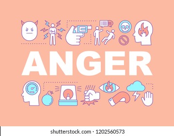 Anger word concepts banner. Presentation, website. Stress and burnout. Irritation. Isolated lettering typography idea with linear icons. Vector outline illustration