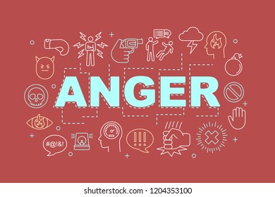 Anger word concepts banner. Presentation, website. Stress and burnout. Irritation. Isolated lettering typography idea with linear icons. Vector outline illustration