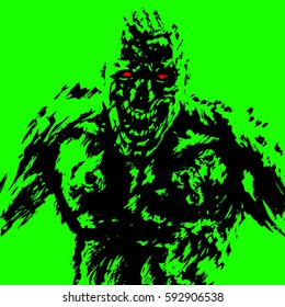 anger zombie attack in black and green color. horror image. contour freehand digital drawing. vector illustration