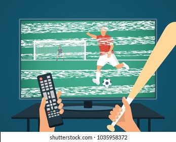 Angered Person Watching Football / Soccer on TV. Bad Signal and Picture. Hand With Control Panel and Baseball Bat. Sport Vector Illustration.
