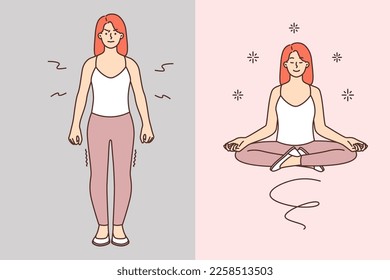 Angered woman becomes calm after meditation practice from yoga in lotus position. Girl meditates and does yoga sitting cross-legged to get rid of stress associated with problems at work 