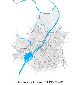 Angers, Maine-et-Loire, France high resolution vector map with city boundaries and editable paths. White outlines for main roads. Many detailed paths. Blue shapes and lines for water.