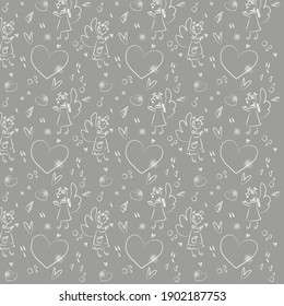 Anges pour la Saint-Valentin sur fond gris avec des cercles de coeurs. Vecteur. Motif pour l'utilisation de vêtements pour enfants, emballage.