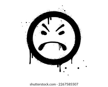 Anggry face emoticon character  Spray painted graffiti anger face in black over white  isolated white background  vector illustration
