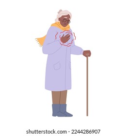 Angina or chest pain, heart attack or stroke of senior woman holding body part. Isolated grandmother with walking stick. Flat cartoon character, vector illustration