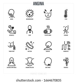 Angina symptoms. Bacteria, sore throat, weakness, headache, fever, antibiotics, coughing, throat spray, enlarged lymph nodes, airborne infection. Thin line icons set. Vector illustration. 