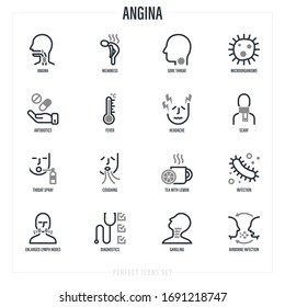 Angina pectoris Symptome. Bakterien, Halsschmerzen, Schwäche, Kopfschmerzen, Fieber, Antibiotika, Husten, Rachenspray, vergrößerte Lymphknoten, Infektionen in der Luft. Leuchtzeilensymbole gesetzt. Vektorillustration. 