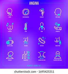 Angina symptoms. Bacteria, sore throat, weakness, headache, fever, antibiotics, coughing, throat spray, enlarged lymph nodes, airborne infection. Thin line icons set. Vector illustration. 