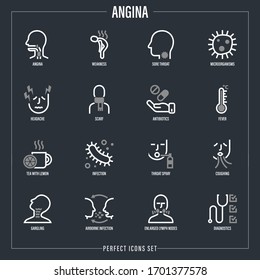 Angina symptoms. Bacteria, sore throat, weakness, headache, fever, antibiotics, coughing, throat spray, enlarged lymph nodes, airborne infection. Thin line icons set. Vector illustration. 