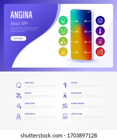 Angina symptoms. infection web page template with copy space. Mobile app on smartphone with thin line icons. Bacteria, sore throat, coughing, throat spray, airborne infection. Vector illustration. 