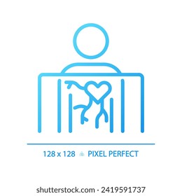 Angiography pixel perfect gradient linear vector icon. Vascular system. X ray. Medical imaging. Diagnostic radiology. Thin line color symbol. Modern style pictogram. Vector isolated outline drawing