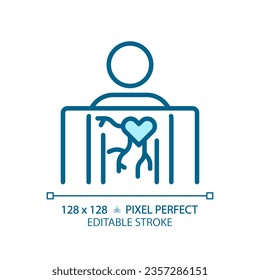 Angiography pixel perfect light blue icon. Vascular system. X ray. Medical imaging. Diagnostic radiology. RGB color sign. Simple design. Web symbol. Contour line. Flat illustration. Isolated object