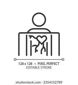 Angiography pixel perfect linear icon. Vascular system. X ray. Medical imaging. Diagnostic radiology. Thin line illustration. Contour symbol. Vector outline drawing. Editable stroke