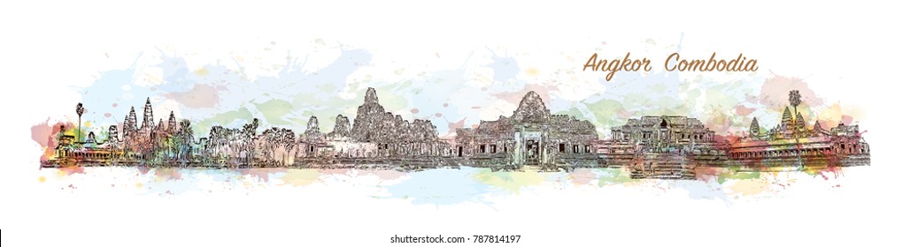 Angkor Cambodia Skyline. Watercolor splash with sketch in vector illustration.