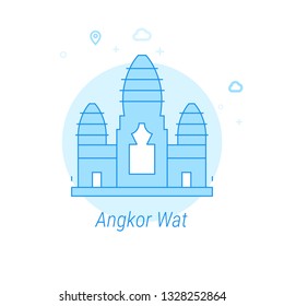 Angkor Wat, Cambodia Flat Vector Icon. Historical Landmarks Related Illustration. Light Flat Style. Blue Monochrome Design. Editable Stroke. Adjust Line Weight. Design with Pixel Perfection.