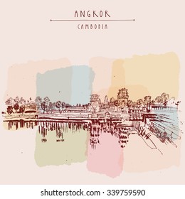 Angkor Wat, Cambodia. Hindu / Buddhist temple complex. The largest religious monument in the world. Travel sketch. Hand drawn vintage touristic postcard in vector