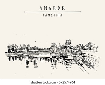 Angkor wat, Cambodia. Hindu temple complex. The largest religious monument in the world. Vintage touristic postcard, grungy artistic hand drawing in vector