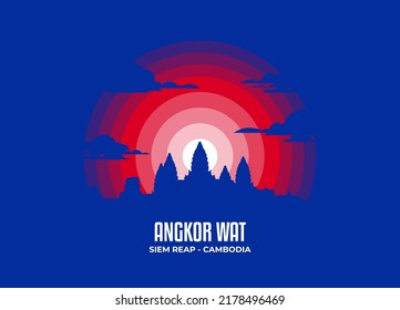Angkor Wat in Cambodia silhouette. Famous statue and building in moonlight illustration. Color tone based on official country flag. Vector eps 10.