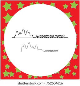 Angkor Wat in Cambodia vector illustration outline black line with text, isolated on circle white background with stars.