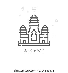 Angkor Wat, Cambodia Vector Line Icon. Historical Landmarks Symbol, Pictogram, Sign. Light Abstract Geometric Background. Editable Stroke. Adjust Line Weight. Design with Pixel Perfection.