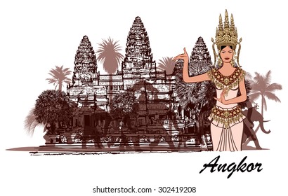 Angkor wat with elephants, palm trees and apsara- vector illustration