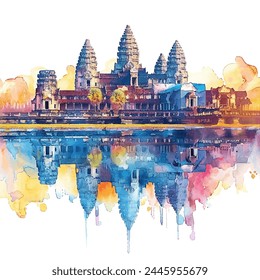 Ilustración vectorial de paisaje de angkor wat en estilo acuarela