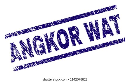 ANGKOR WAT seal print with distress style. Blue vector rubber print of ANGKOR WAT text with unclean texture. Text label is placed between parallel lines.