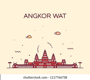 Angkor Wat skyline, Cambodia. Trendy vector illustration, linear style