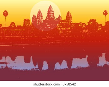 angkor wat in sunset (vector) - illustrated scenery of an ancient ruin