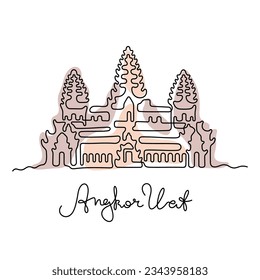 Templo Angkor Wat, Camboya. Ilustración vectorial colorida de línea continua.