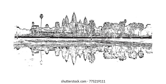Angkor Wat Temple, Cambodia. Hand drawn sketch illustration in vector.