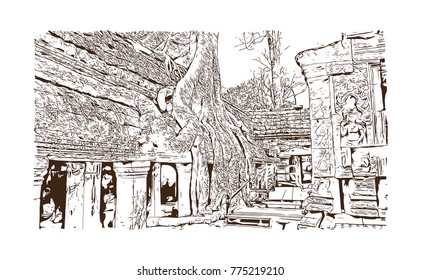Angkor Wat Temple, Cambodia. Hand drawn sketch illustration in vector.