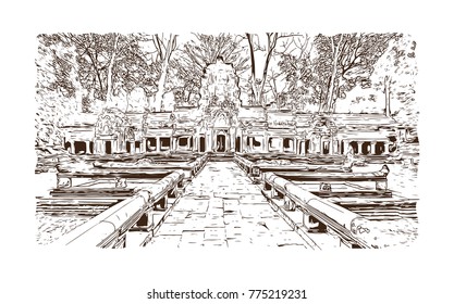 Angkor Wat Temple, Cambodia. Hand drawn sketch illustration in vector.