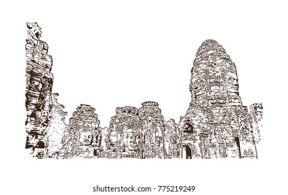 Angkor Wat Temple, Cambodia. Hand drawn sketch illustration in vector.