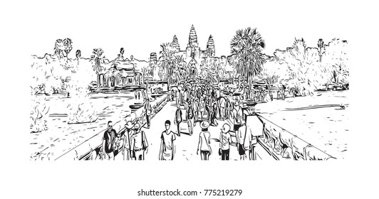 Angkor Wat Temple, Cambodia. Hand drawn sketch illustration in vector.