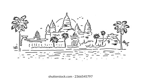 Angkor Wat is a temple complex in northern Cambodia. Linear silhouette illustration in doodle style.